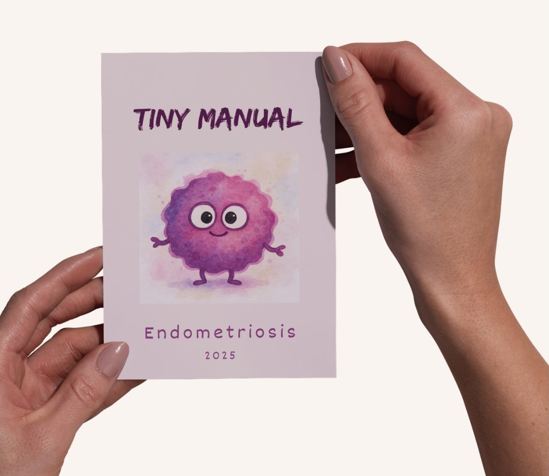 Book cover: deep-plum silhouette with watercolor spots and bold title 'Congrats, You Got Endo!'