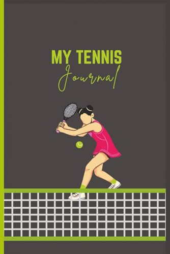 My Tennis Journal book cover, featuring an illustrated tennis player in pink against charcoal gray